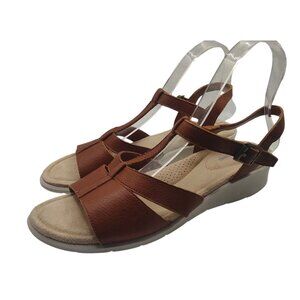 Lands End Women's Size 8B Cognac Leather Open-Toe Sandals With Adjustable Strap